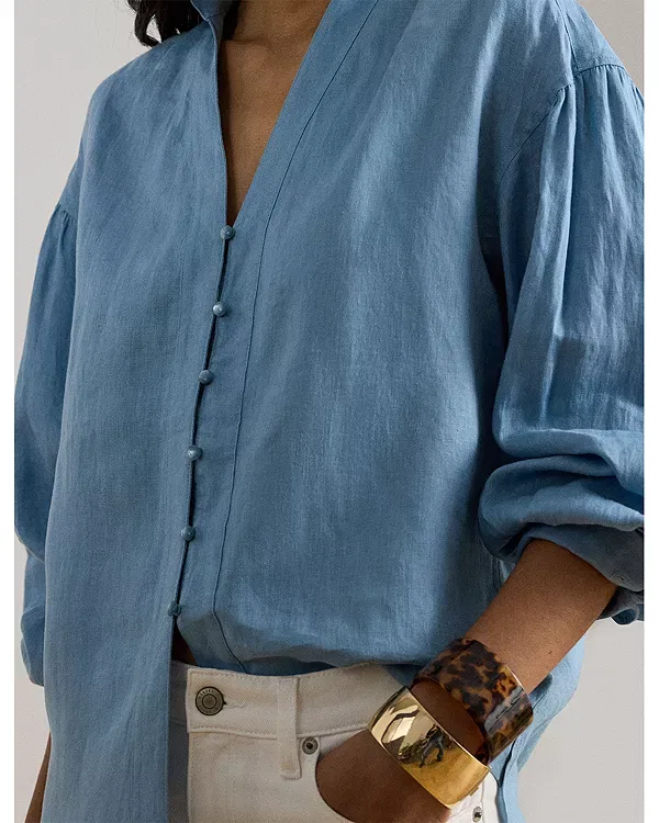 Женская блуза с рукавом-буф из льна Ralph Lauren, синий — фото 4