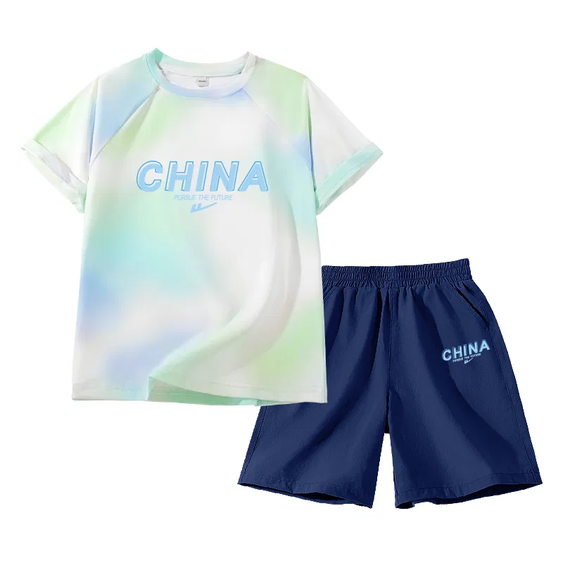 Детский комплект спортивной одежды с принтом Casual Sportswear WARRIOR, Blue Green/H Blue Letter-Navy Blue/H Blue Letter K
