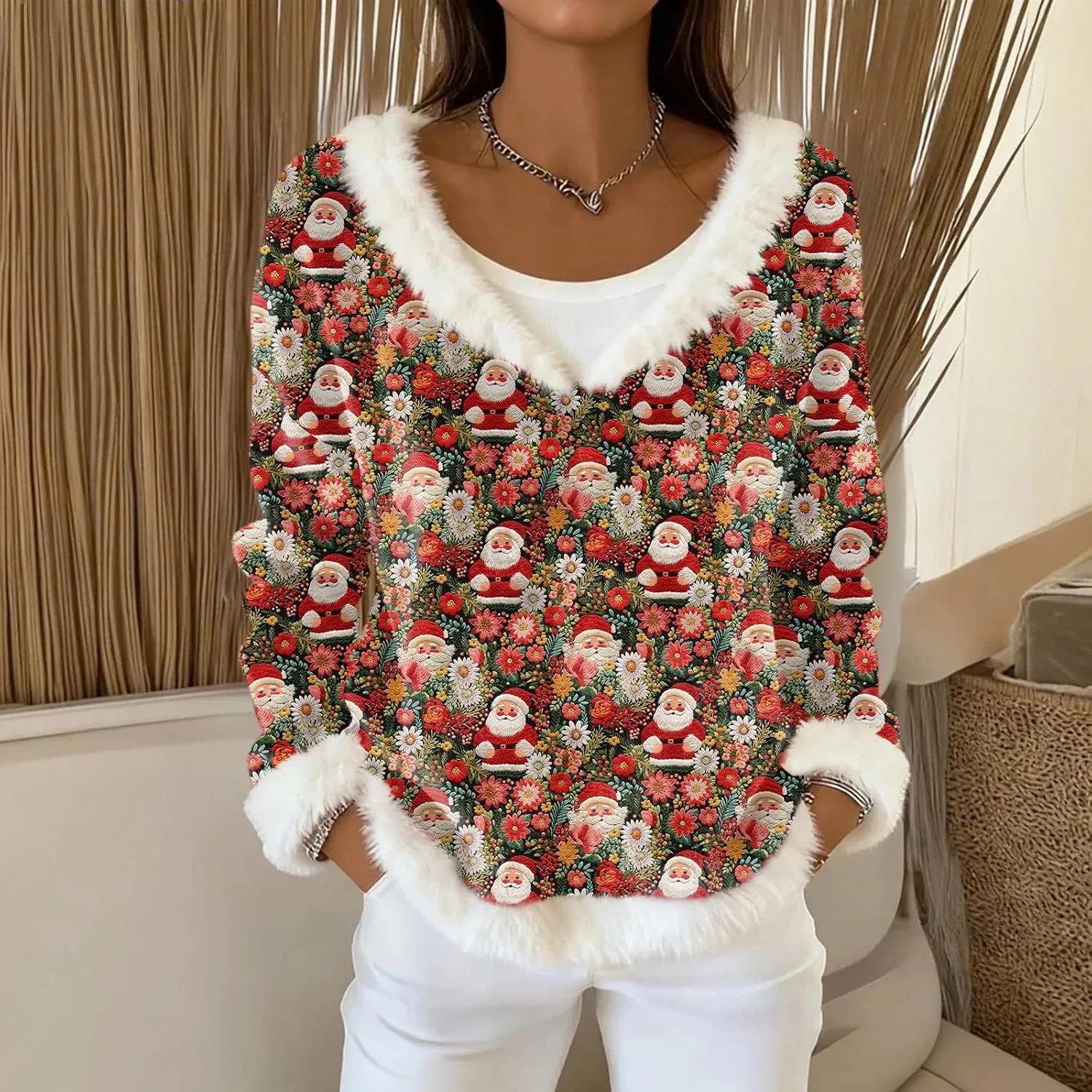 Женский свитшот с фланели с отделкой из искусственного меха, Christmas Sweaters For Women, красный — фото 2