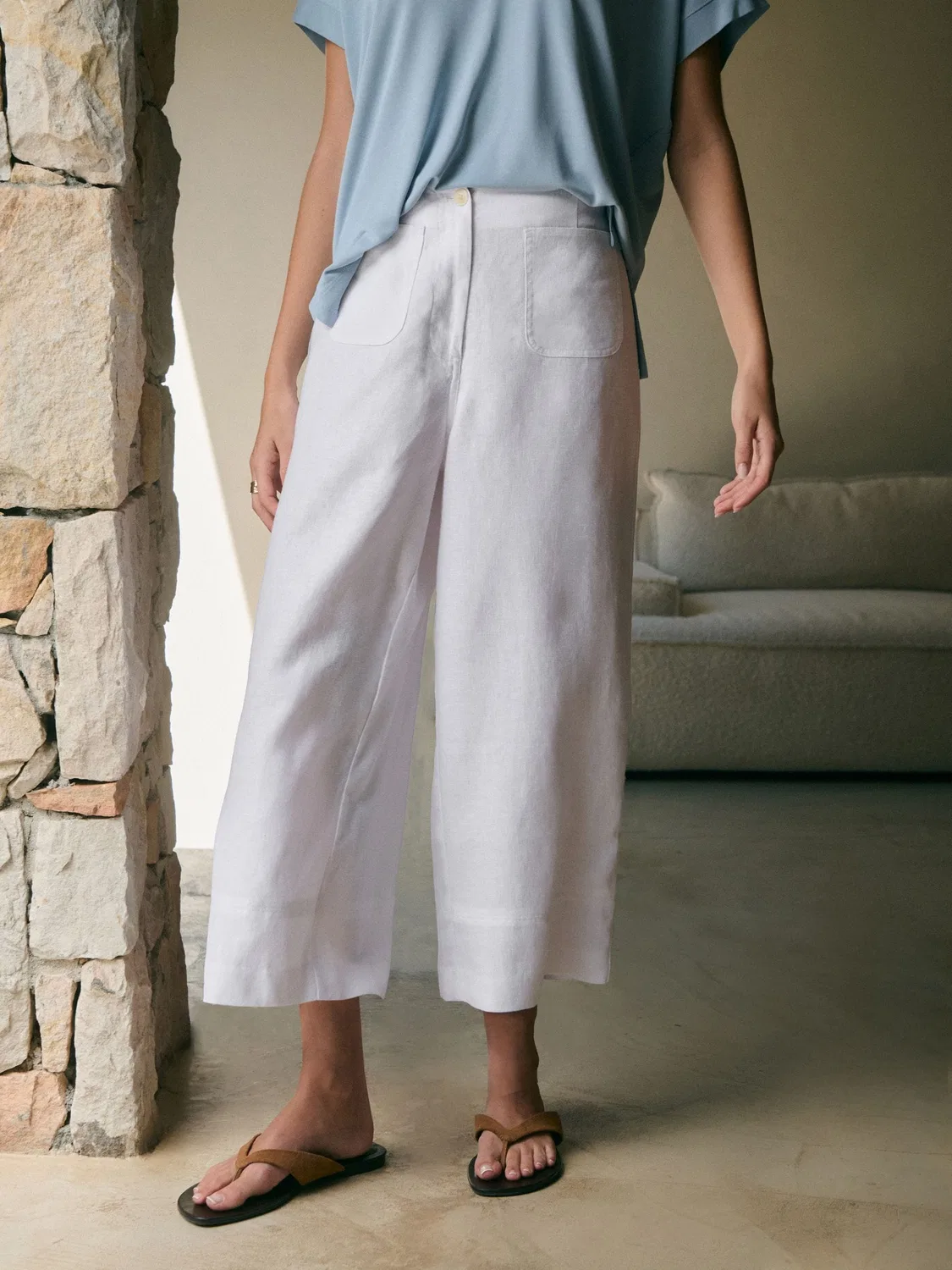 Брюки широкие укороченные из льна, Premium Linen Next, белый — фото 4