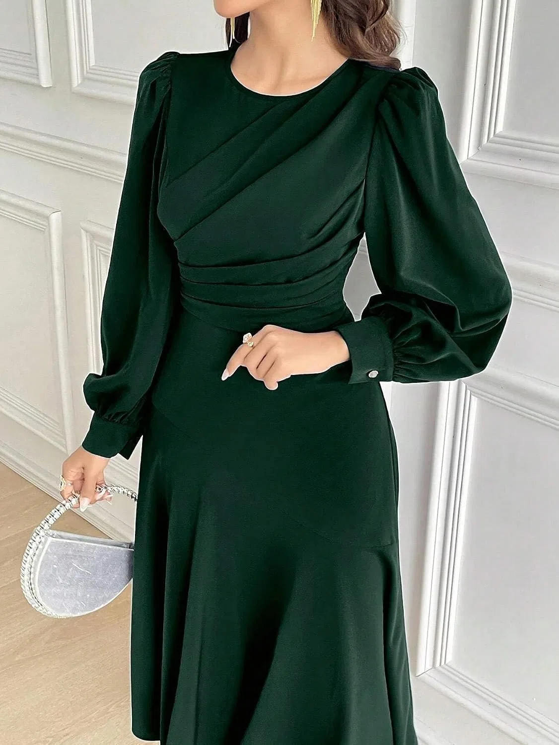Женское A-силуэта платье с воротником-стойкой, Dark Green — фото 4