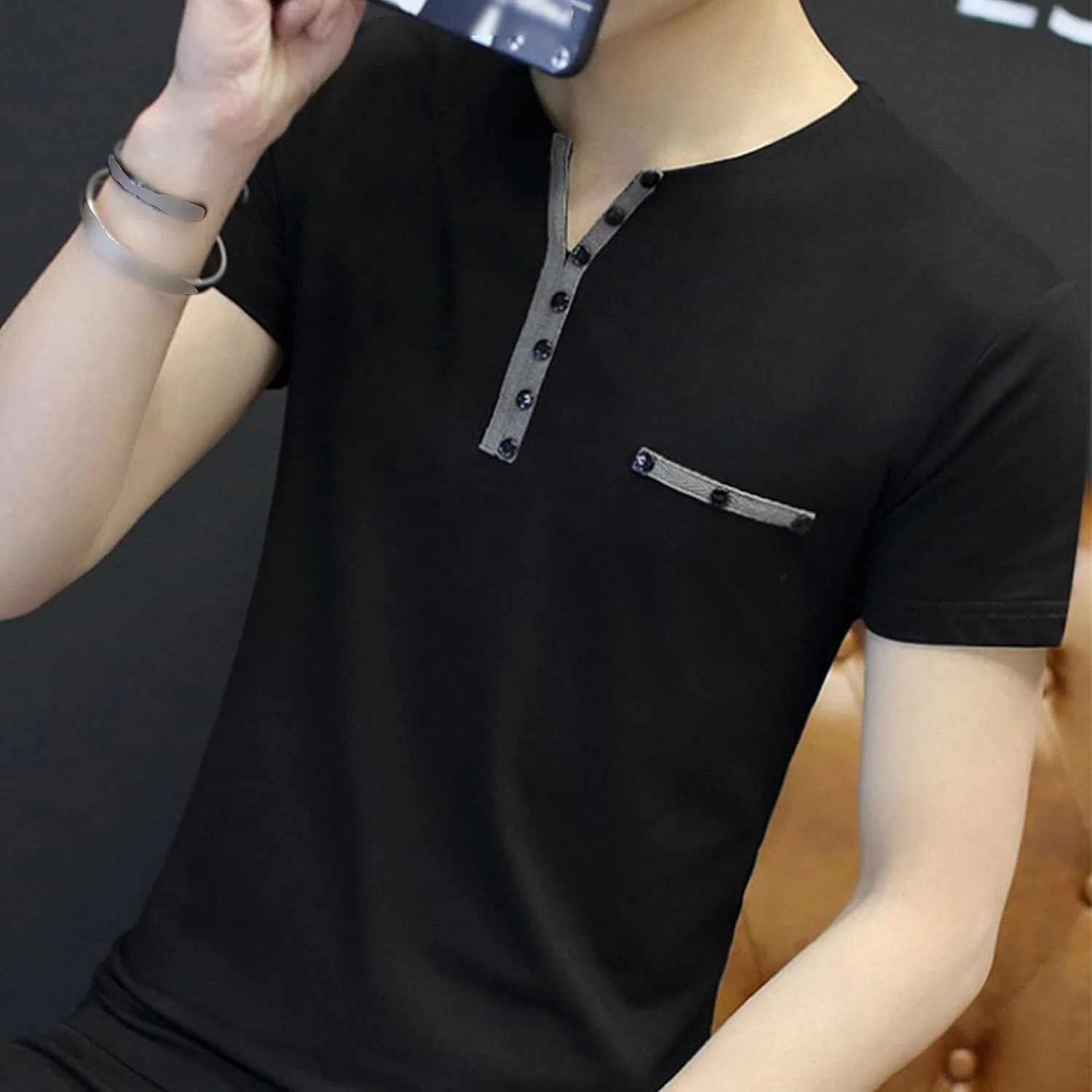 Мужская футболка с V-образным вырезом Henley, Black — фото 4
