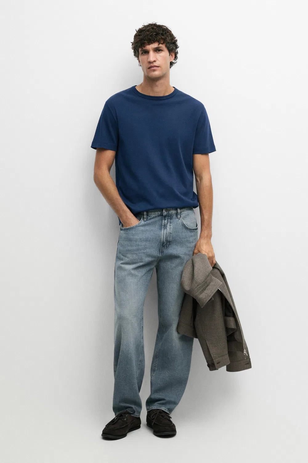 Футболка с коротким рукавом Massimo Dutti, из 100% хлопка, выцветший пеトロлеум-синий