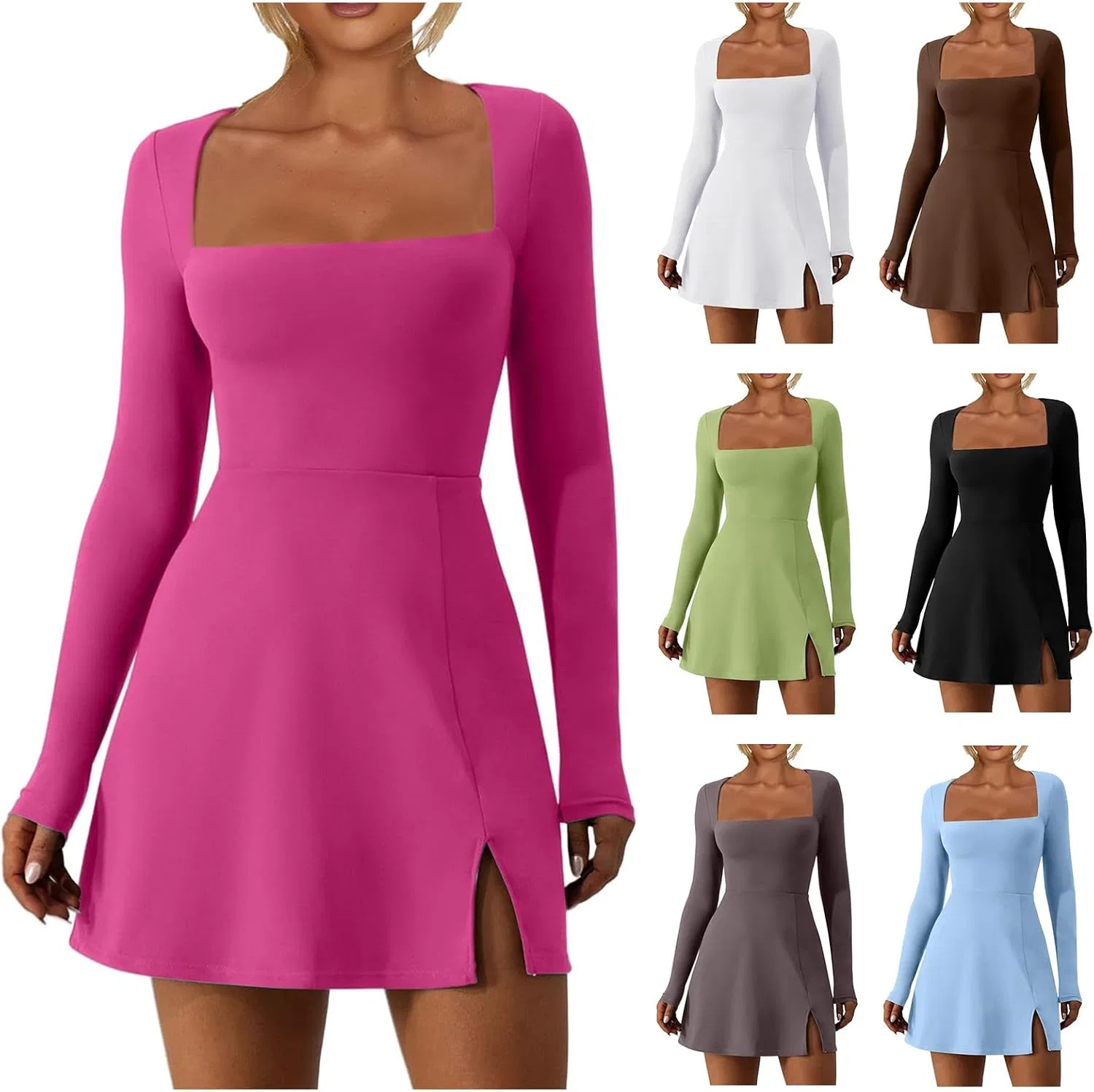 Женское мини-платье с квадратным вырезом и боковым разрезом Treddy, Hot Pink — фото 4