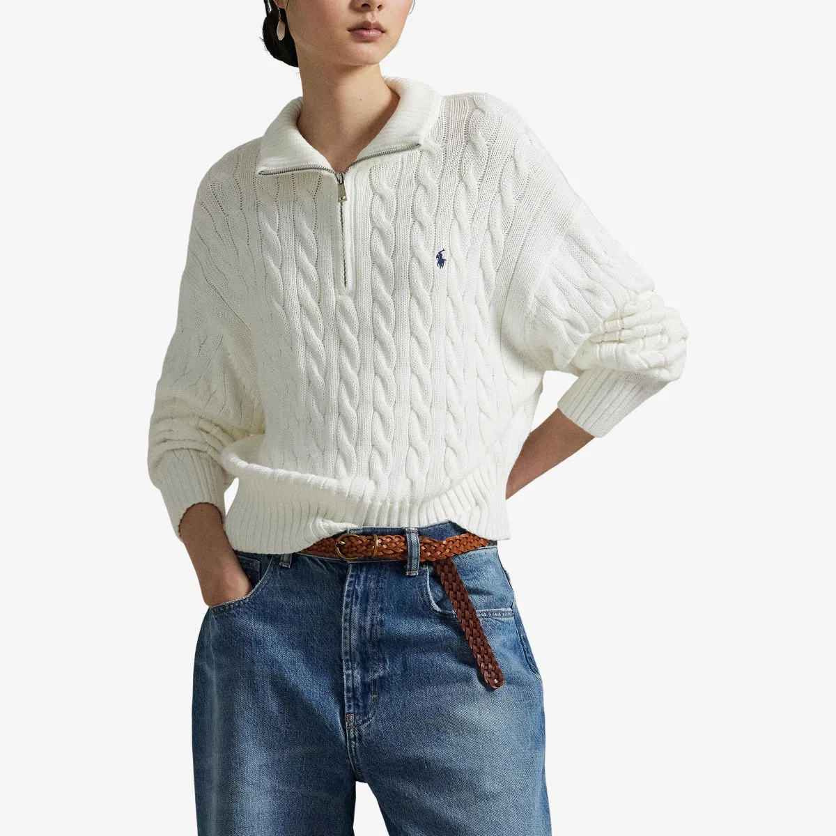 Хлопковый джемпер с воротником-стойкой и косами Polo Ralph Lauren, белый — фото 3