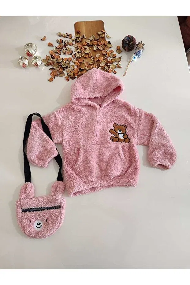 Детский кардиган с капюшоном для девочек, плюшевый, Hooded plush girl's cardigan with bear embroidery bag accessories, Alg, Pink — фото 2