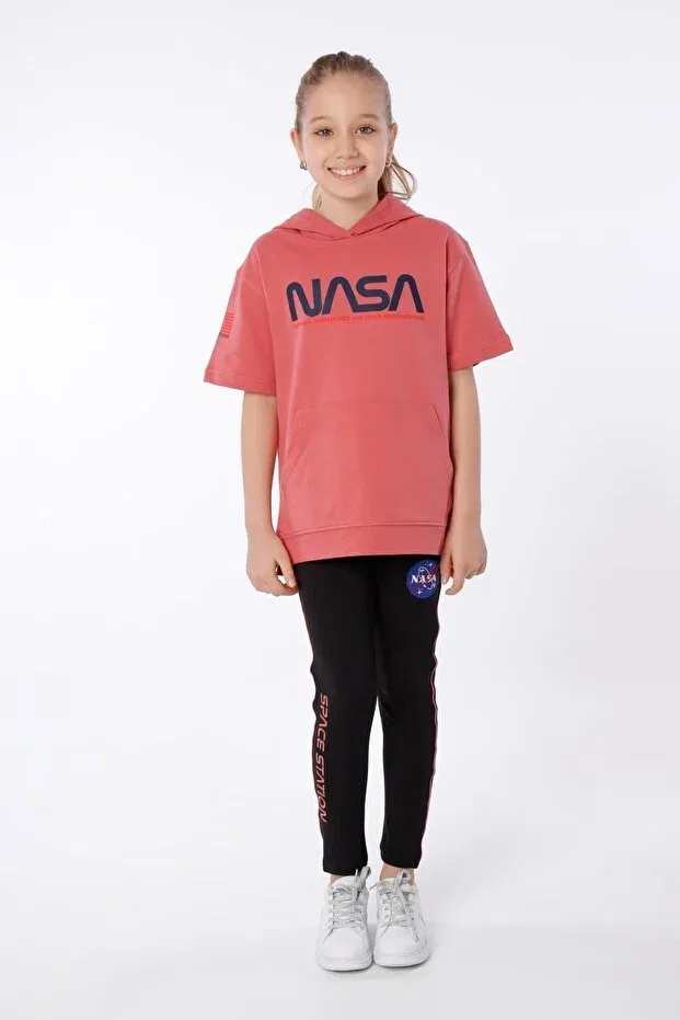 Детский комплект для девочек с принтом Nasa Printed - Hooded T-Shirt And Embroidered Tights Set Black One, Mercan