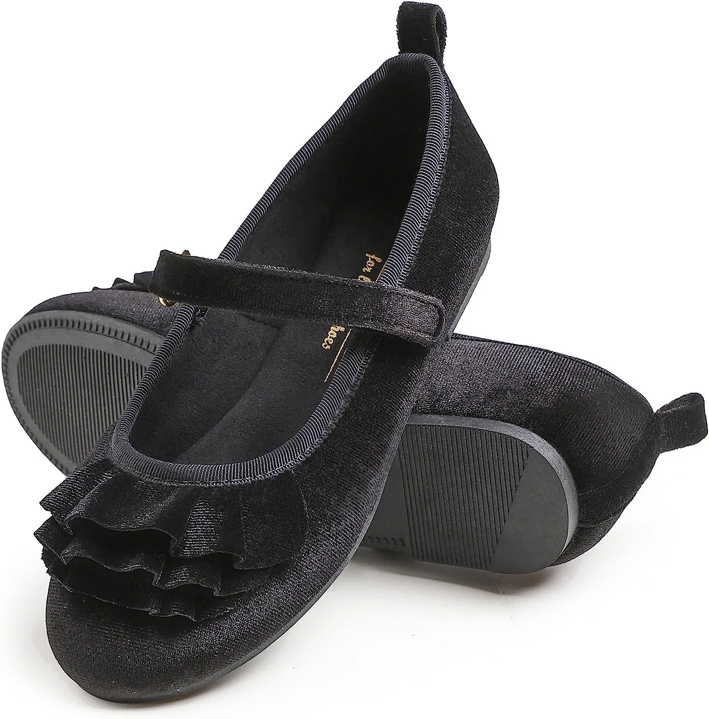 Детские туфли для девочек с пряжкой FEVERSOLE, Velvet Ruffle Black