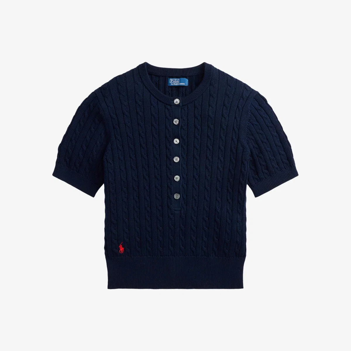 Хлопковый джемпер крупной вязки с вышивкой бренда Polo Ralph Lauren, темно-синий