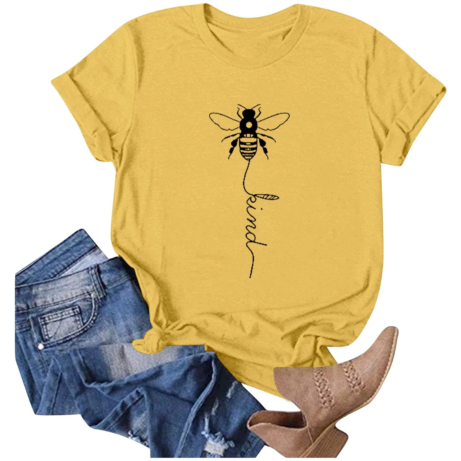 Женская футболка с принтом Girls Graphic Satin Blouses Loose Tops Plus Size Summer Sunflower Women's Basic Cotton Top, 1-yellow — фото 2
