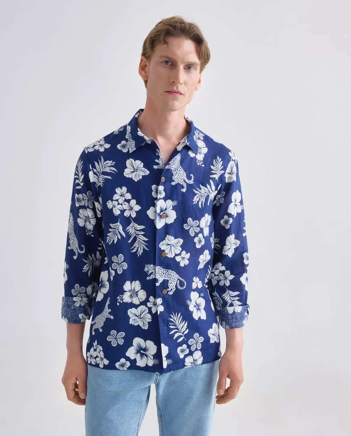 Мужская рубашка из льна с принтом Polo Ralph Lauren, Azul Cobalto