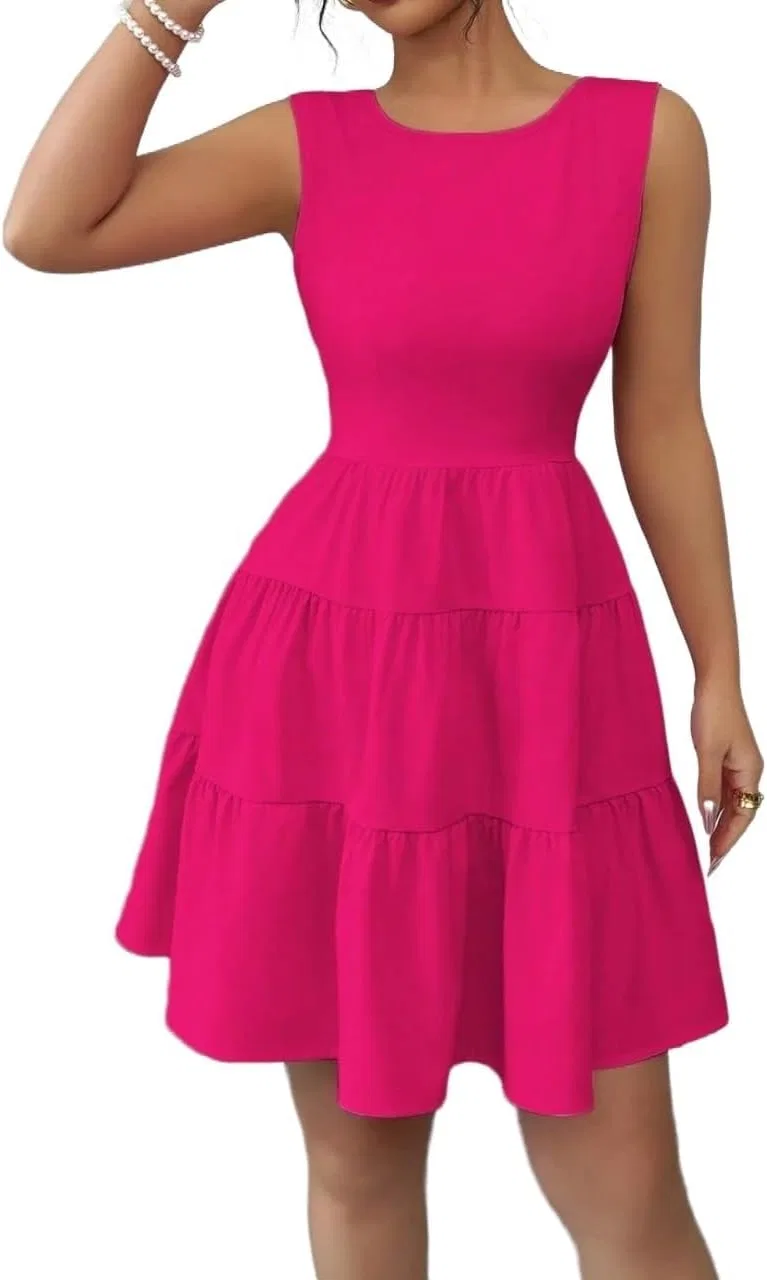 Женское летнее платье A-силуэта с рюшами, Hot Pink