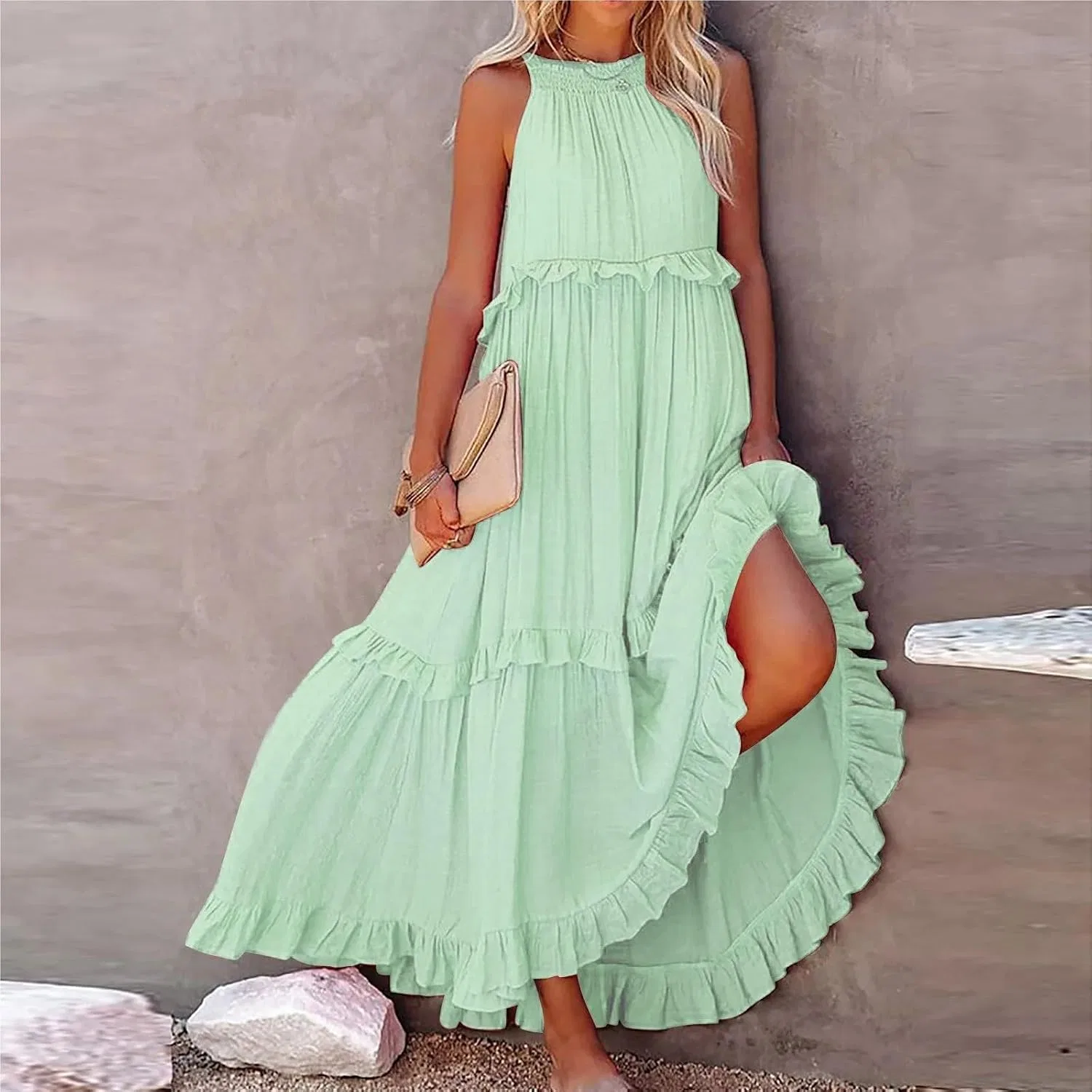 Женское длинное повседневное платье без рукавов Plus Size, Mint Green — фото 2