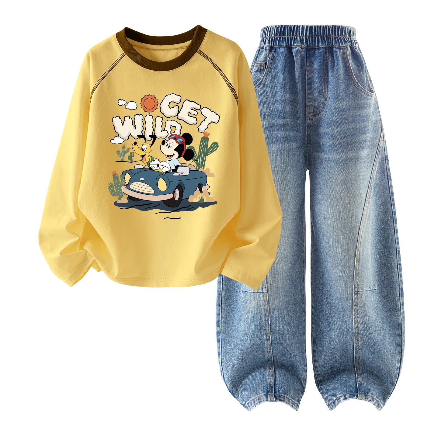 Детский спортивный костюм из футера с принтом Disney Diqiu Camp Cheese Yellow+Solid Color Denim Light Blue