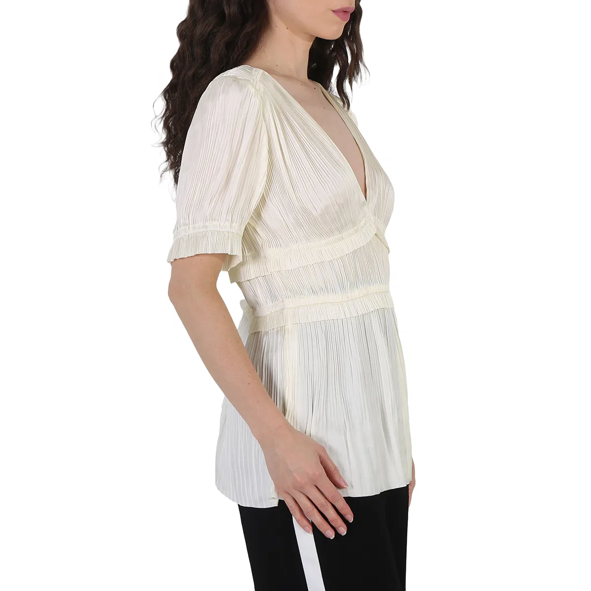 Блуза с V-образным вырезом и коротким рукавом Joclyn Pleat Satin Polo Ralph Lauren, White — фото 2