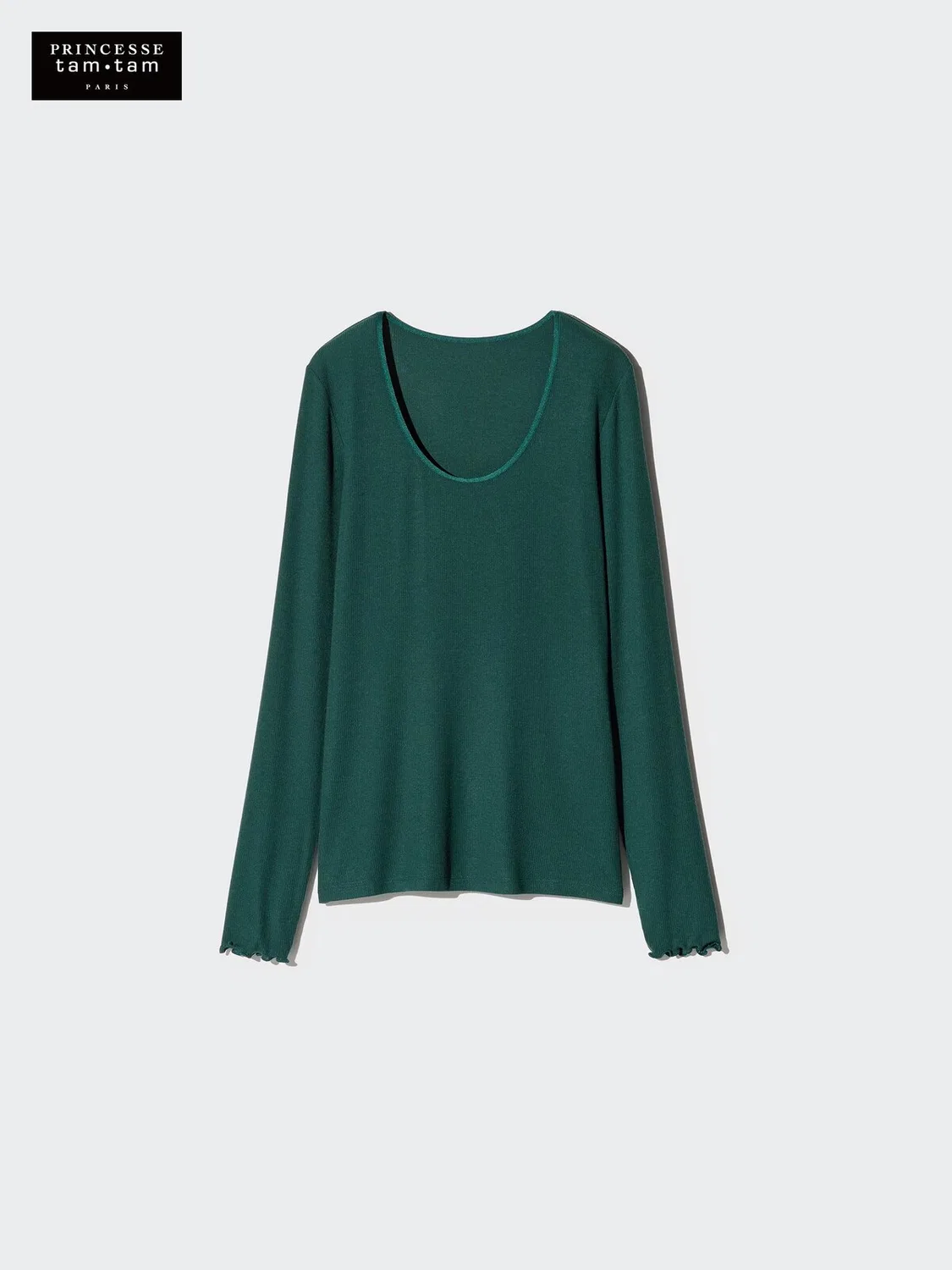 Футболка Uniqlo Heattech, кашемировая смесь, с U-образным вырезом в рубчик, кремовый — фото 4