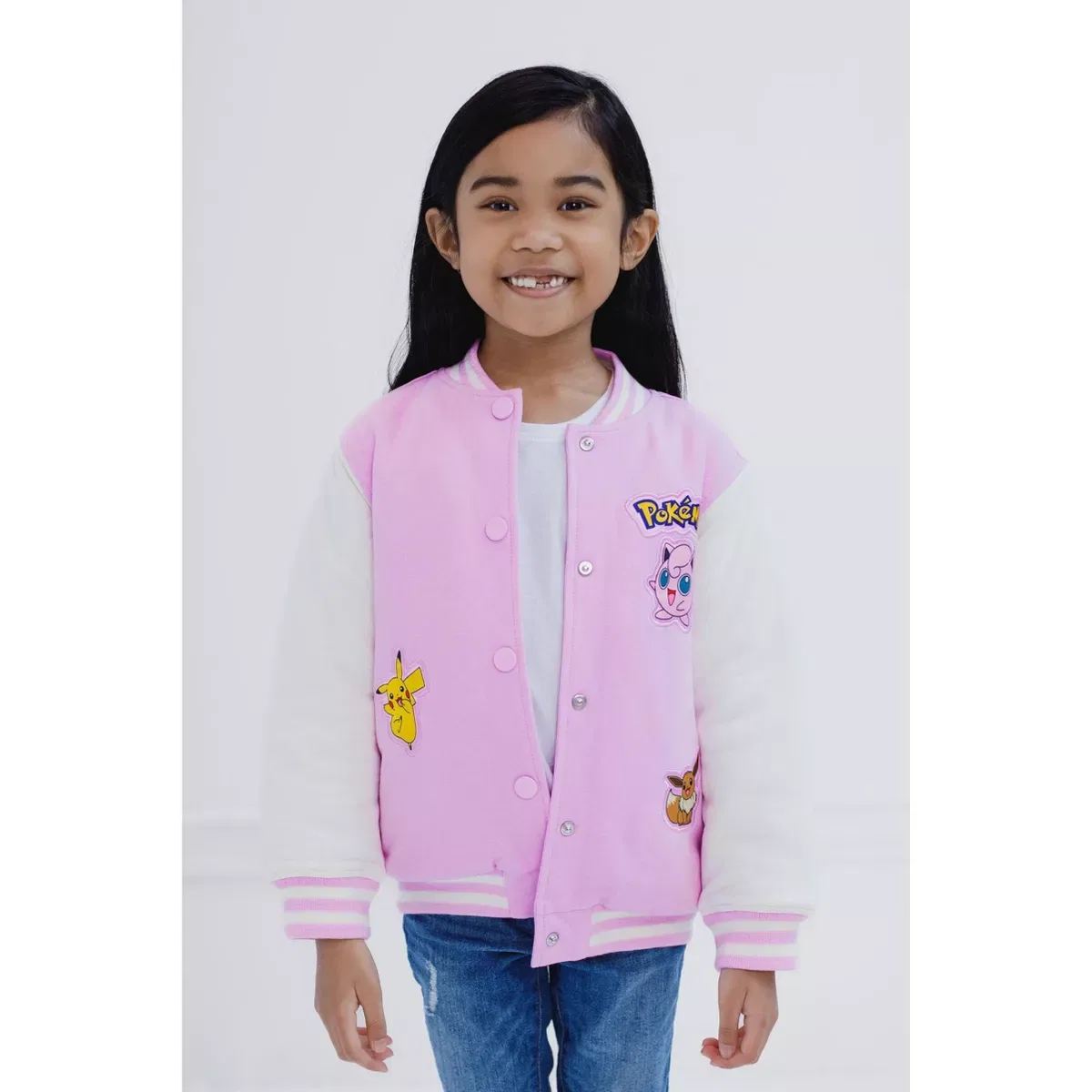 Детское пальто для девочек с принтом Pokemon French Terry Varsity Bomber Jacket, Pink — фото 3