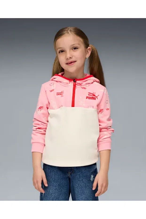Детские свитшот для девочек с принтом Little Runners Half-Zip Kids Crew Neck Puma, Alpine Snow White