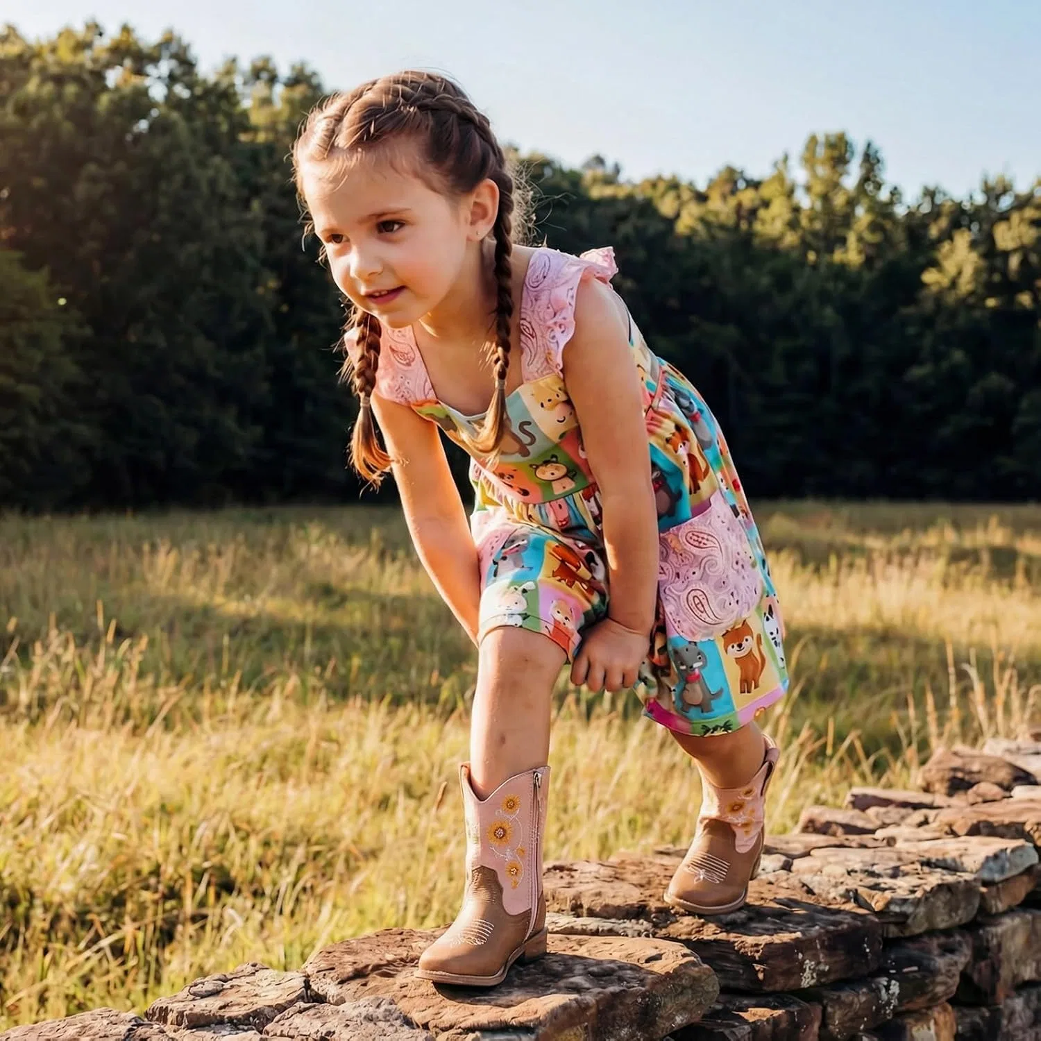 Детские сапоги для девочек с цветочной вышивкой Western Cowgirl Boots Bybmorto, Pink — фото 3
