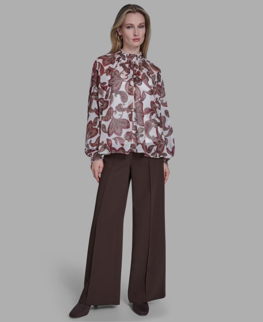 

Женская блузка с высоким воротником и сборками BCBG, Dark Cream/orchid Bloom