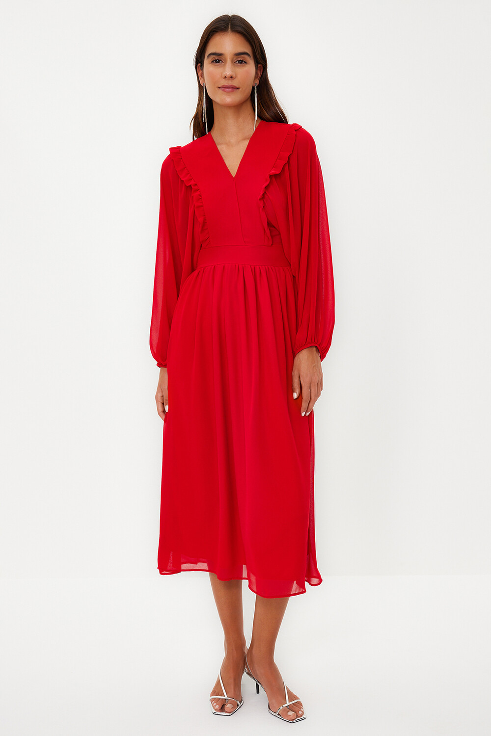 

Красное шифоновое тканое платье с минимальным рисунком Trendyol Modest, красный