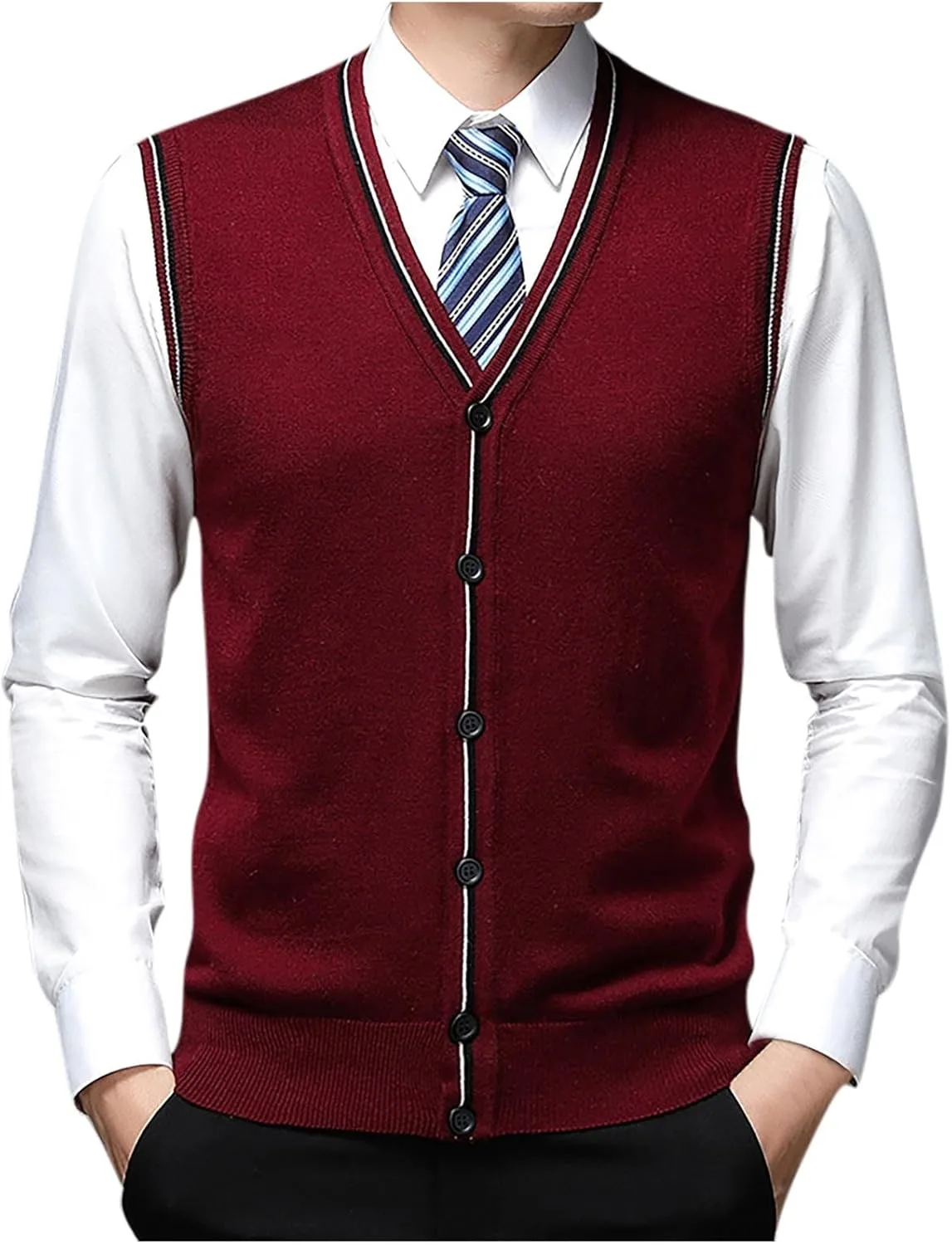 Мужской кардиган без рукавов, вязаный свитер с V-образным вырезом и застежкой на пуговицы для стильных многослойных образов осенью и зимой Generic, красный