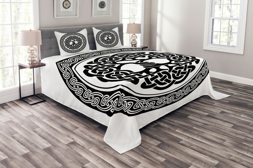 

Комплект покрывала ABAKUHAUS Celtic, Native Tree of Life Art, комплект с моющимися наволочками, для односпальных кроватей 264 x 220 см, белый и черный