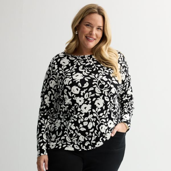 

Удобная базовая футболка с длинным рукавом для полных Croft & Barrow, цвет black chic floral