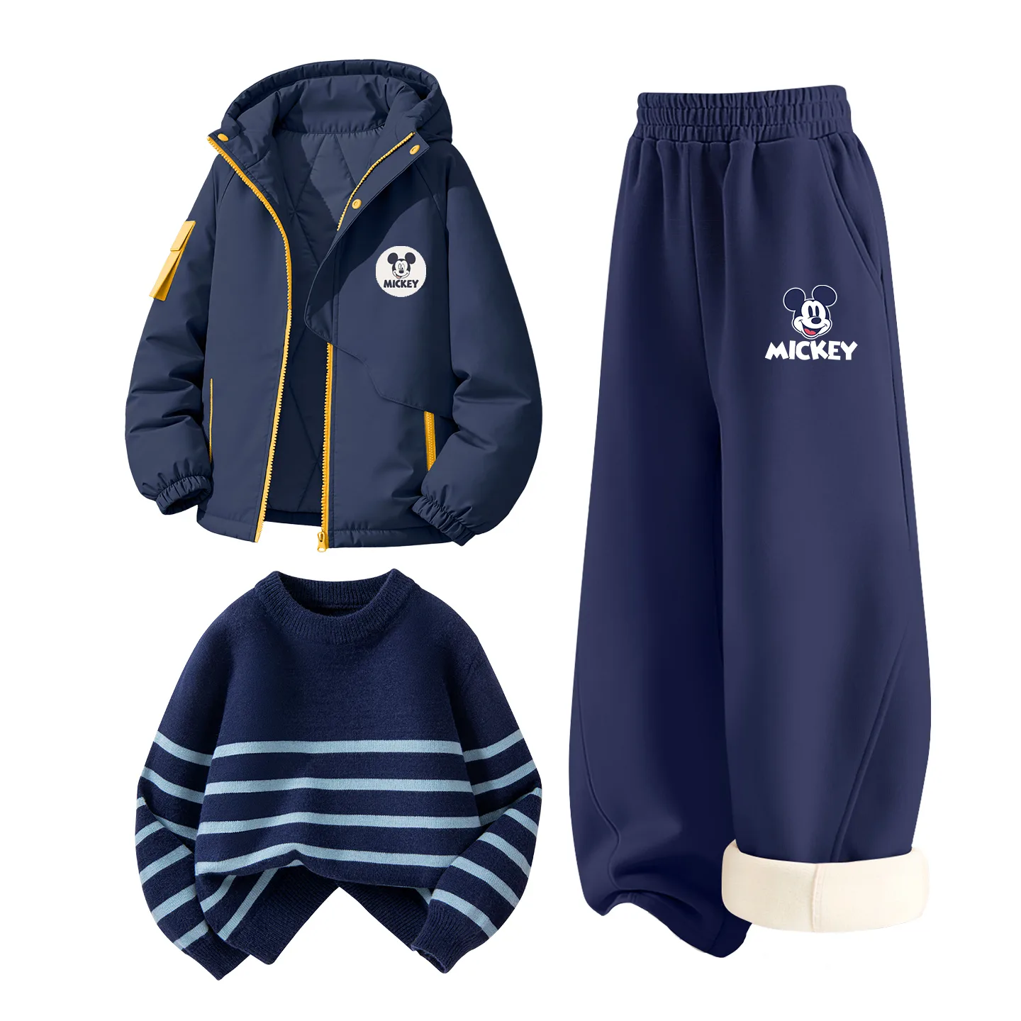 Детский спортивный костюм с круглым вырезом Disney, [Thickened and Fleece-Lined]Dichi Round Hook-and-Loop K Navy Blue+DiB Trendy Mickey K Navy Blue+Solid Color Navy Blue