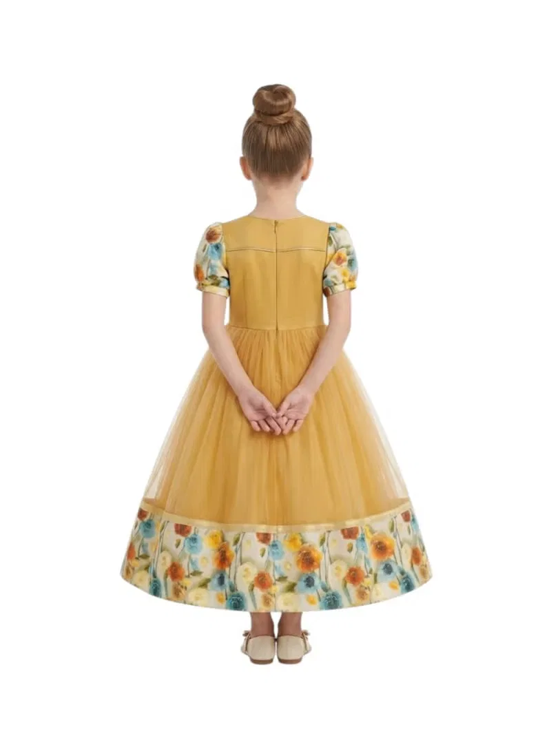 Платье бальное с принтом Golden meadow tulle ballgown Bidani, горчичный — фото 3