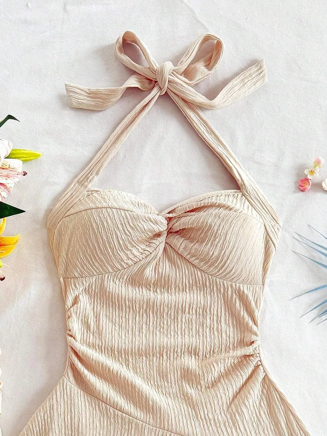 Женское мини-платье без рукавов A-line с открытой спиной, Apricot — фото 2