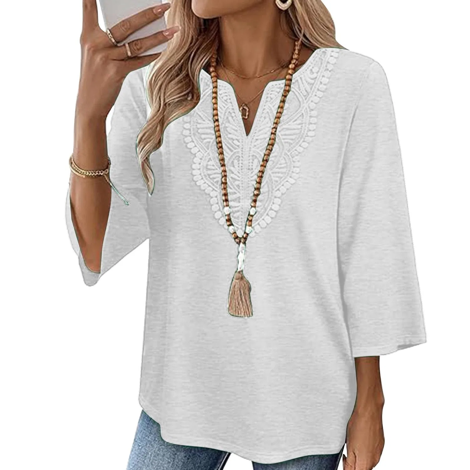 Женская льняная туника с вышивкой Retro 3/4 Sleeve Boho Casual Loose Fit Lightweight Summer Beach Blouse, C-white