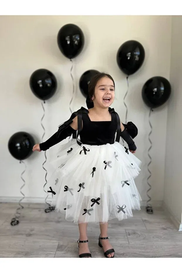 Детское платье для девочек с принтом Black White Princess Girl Kid Party Birthday Fluffy Tutu Evening Dress Gown Sare Çocuk Giyim, Black