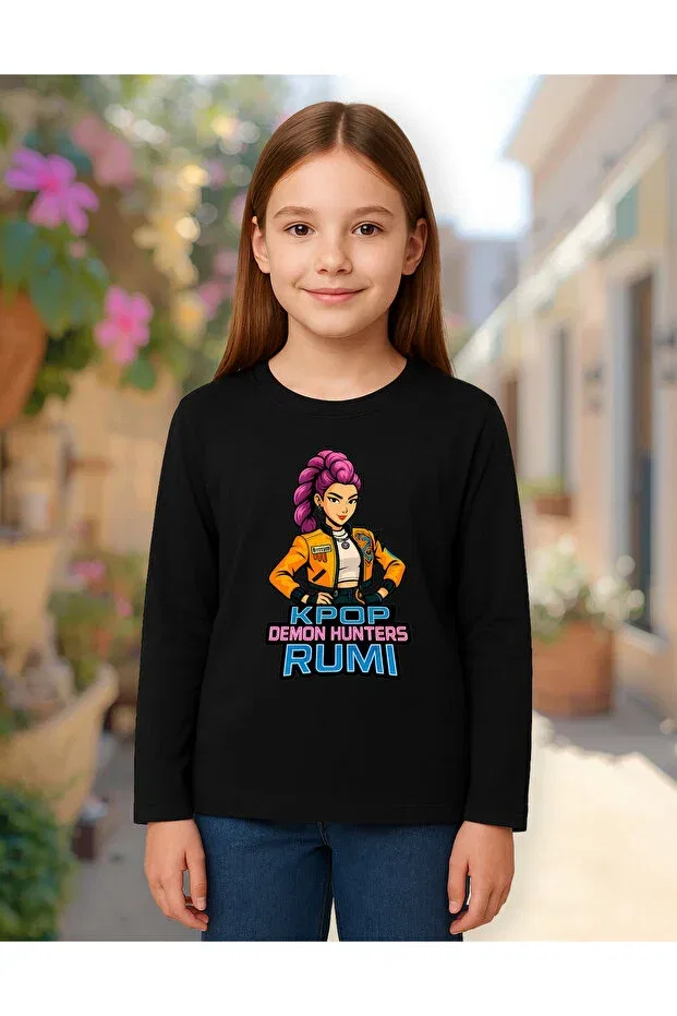 Детские свитшот для девочек с принтом Kpop Demon Hunters Huntrix Rumi Long Sleeve Printed Girls' T-Shirt Mixxi Fashion, Black — фото 2