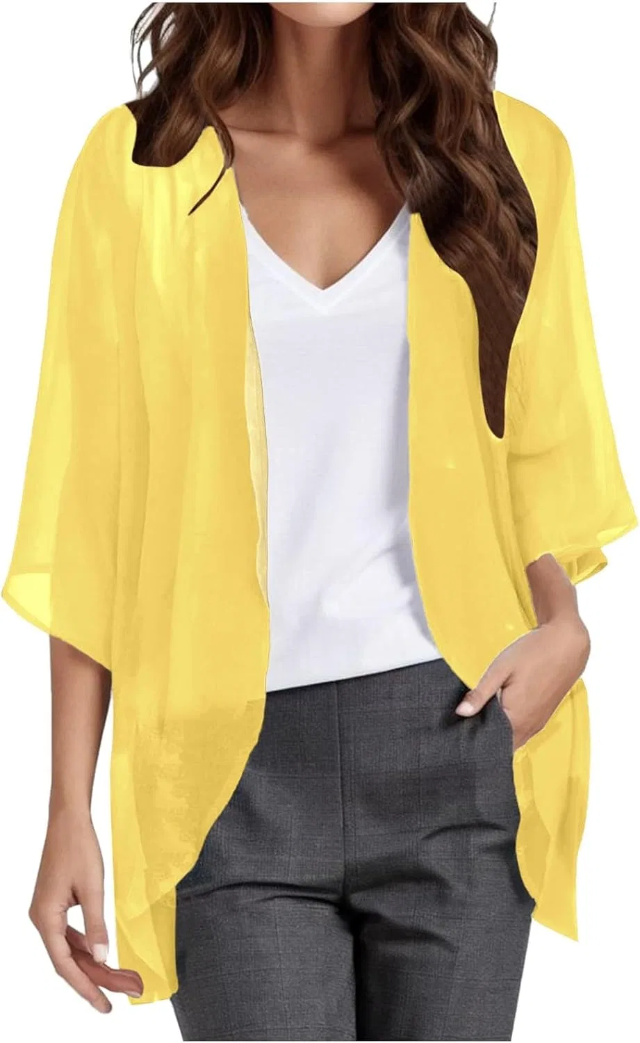 Женское кимоно с короткими рукавами-фонариками, Yellow