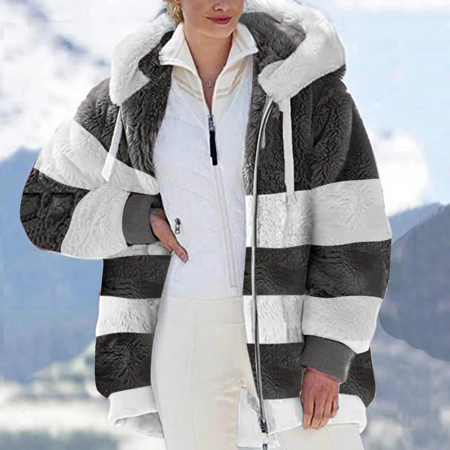 Женская куртка из флиса с капюшоном и принтом, модель Hooded Patchwork, бренд, Grigio Scuro — фото 3
