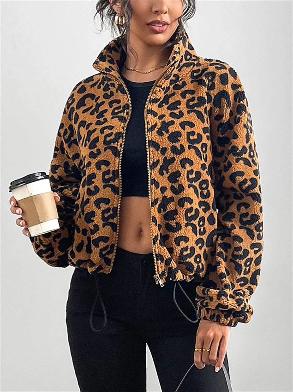 Женское пальто из флиса с принтом леопарда, Teddy Fleece Jackets for Women Sherpa Furry Long Sleeve Zipper Short Plush Coat Leopard Print, 8 — фото 3