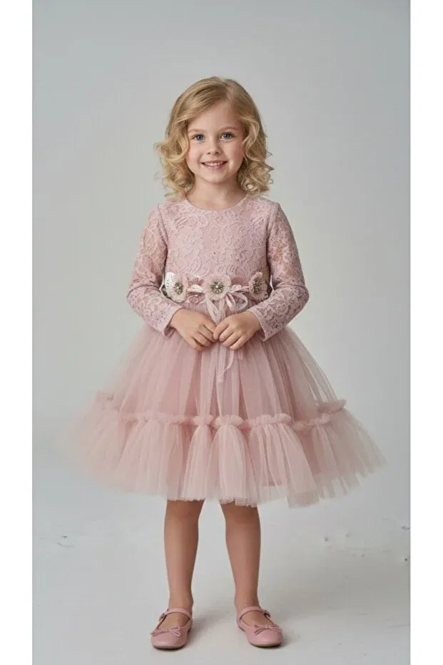 Детское платье для девочек с принтом Girls' Belt Floral Princess Model Birthday School Performance Special Occasion Dress Şenkız, Powder