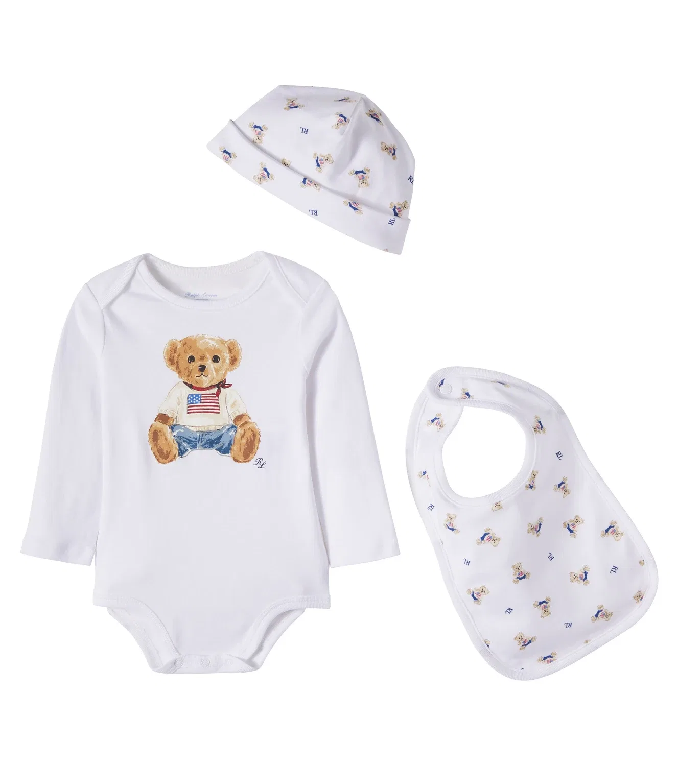 Комплект из бодика, шапочки и нагрудника из набивного хлопка Polo Ralph Lauren Kids, белый