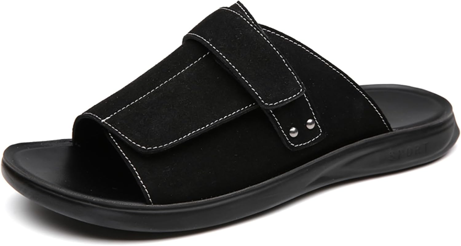 

Мужские кожаные сандалии для улицы, повседневные легкие сандалии с антискользящей подошвой, летние шлепанцы, размеры US 6-13 Abborora, черный