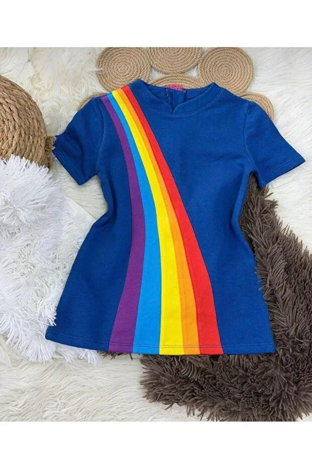 Детское платье для девочек хлопковое Rainbow Color Dress Miniminnakkidswear, Navy Blue — фото 2
