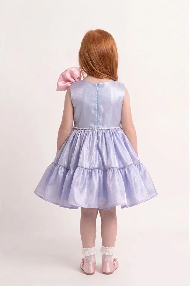Детское платье для девочек из органзы с принтом Pink Bow Organza Balloon Sleeve Bertuğ Bebek, Blue — фото 3
