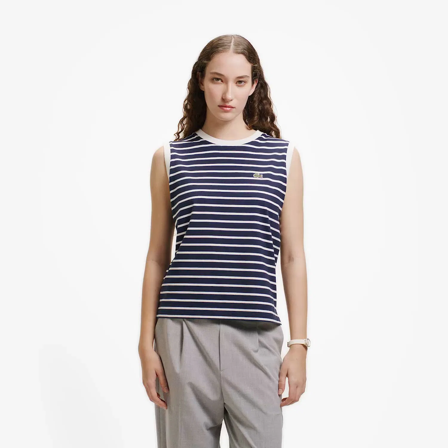Женская футболка без рукавов с полосатым принтом LACOSTE, Light Grey — фото 2