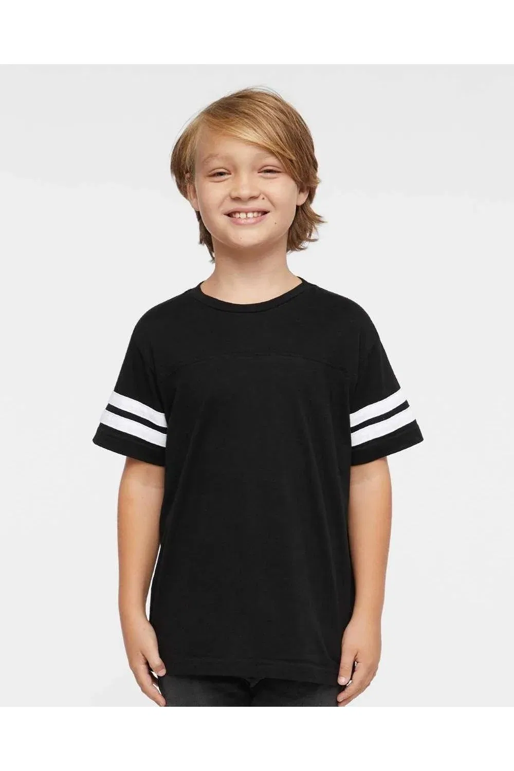 Детская футболка для мальчиков с контрастными полосами на рукавах LAT Youth Football Fine Jersey Tee, Black Solid/ White — фото 4