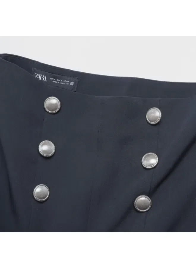 Юбка миди с завышенной талией и разрезом Zara, темно-синяя — фото 4