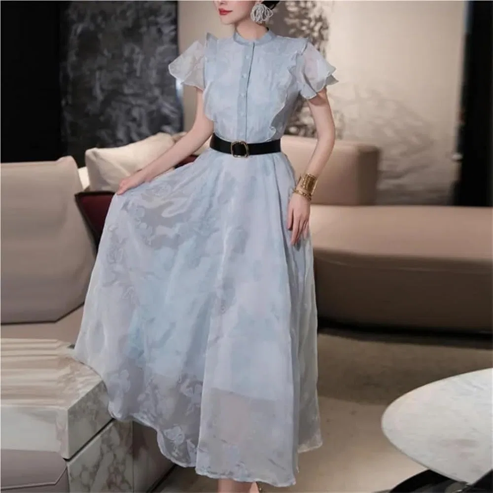 Женское платье-трапеция с воротником-стойкой и поясом, миди, Slim Fit, синий — фото 3