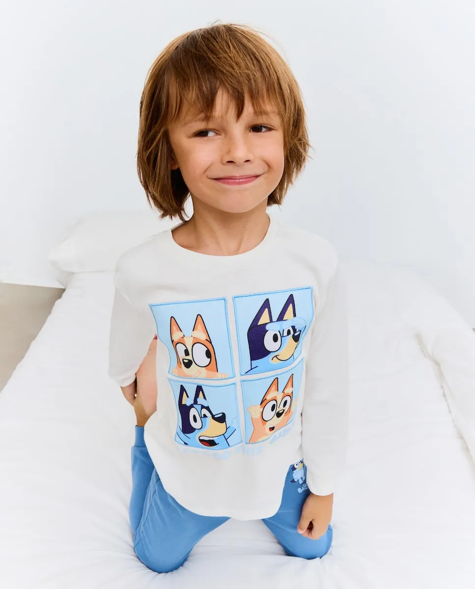 

Полный длинный пижамный костюм из трикотажа Bluey с фантазийным принтом лиц детей Cotton Juice, темно-синий