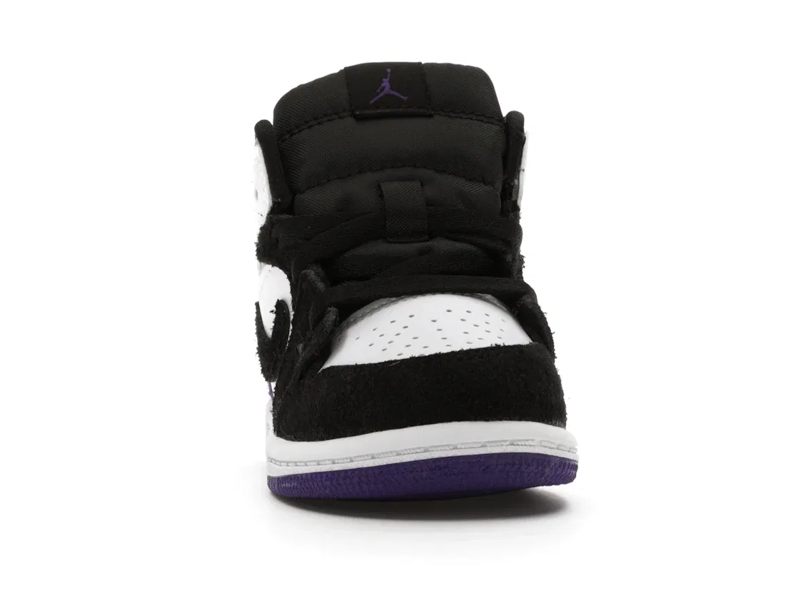 Детские кроссовки для мальчиков с высоким берцем Jordan 1 Mid Jordan, White/Black-Light Solar Flare Heather-Varsity Purple — фото 2
