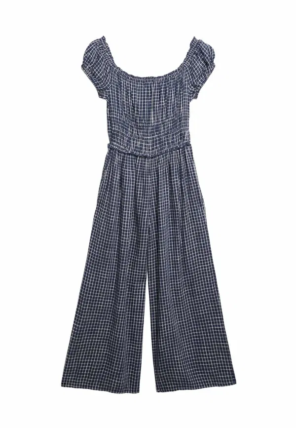 Комбинезон с коротким рукавом, клетка, Checked wide leg jumpsuit, Marks & Spencer mix, синий — фото 2