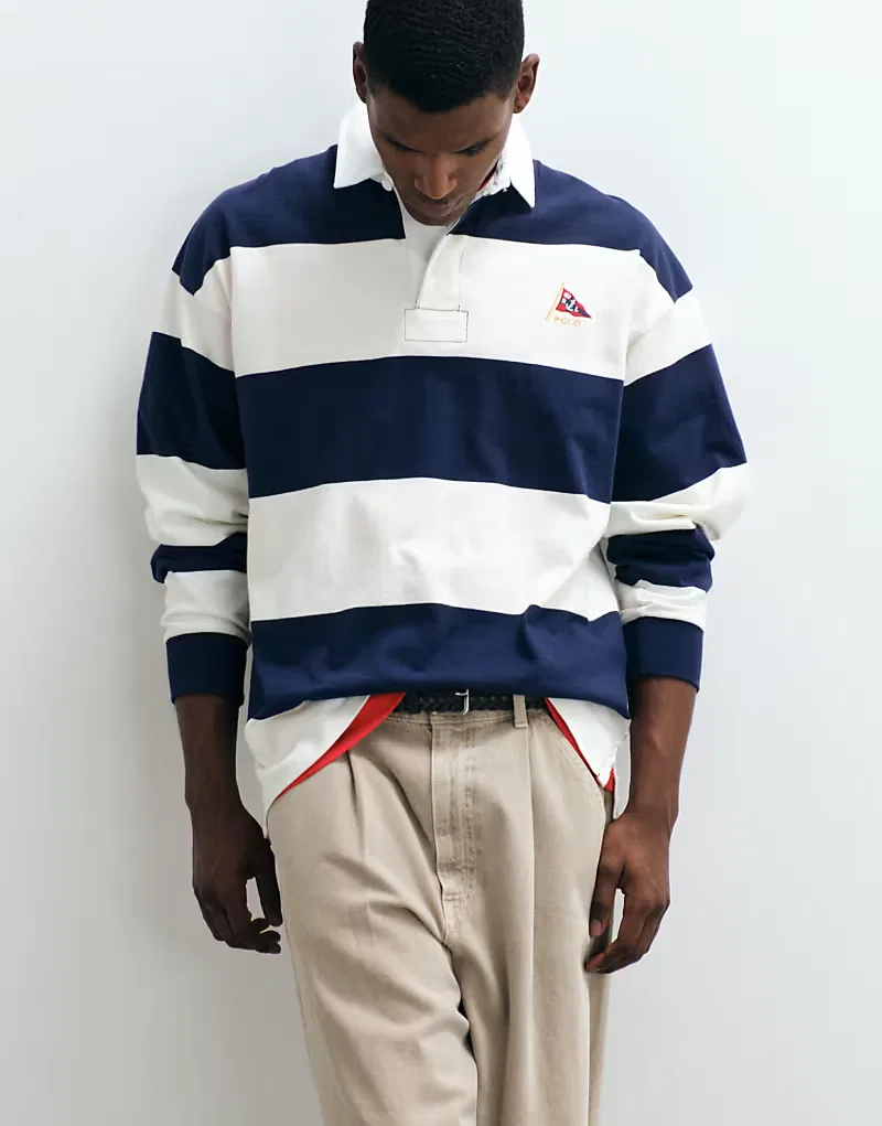 Футболка-поло Polo Ralph Lauren с логотипом в виде флага и полосками, свободного кроя, темно-синий